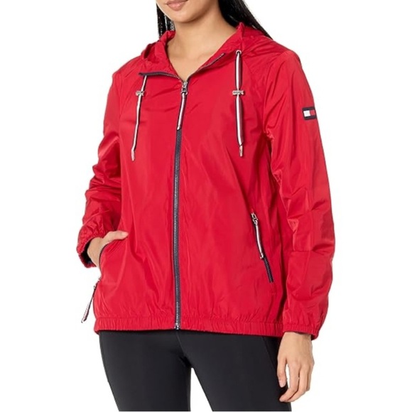 TOMMY HILFIGER LDS Red Hooded Windbreaker Jacket Size Large Lightweight‎ - Picture 1 of 13